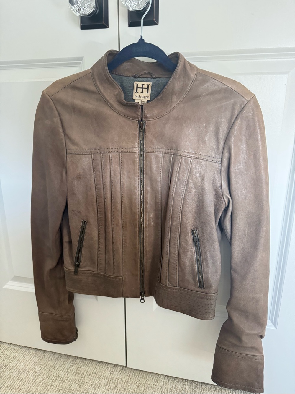 Haute Hippie Taupe Leather Zip-Front Jacket